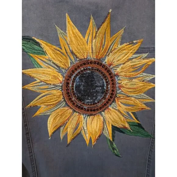 Diane Gilman DG2 Women's LS Gray Stretch Jacket Sunflower Embroidery Size Large - Picture 4 of 9